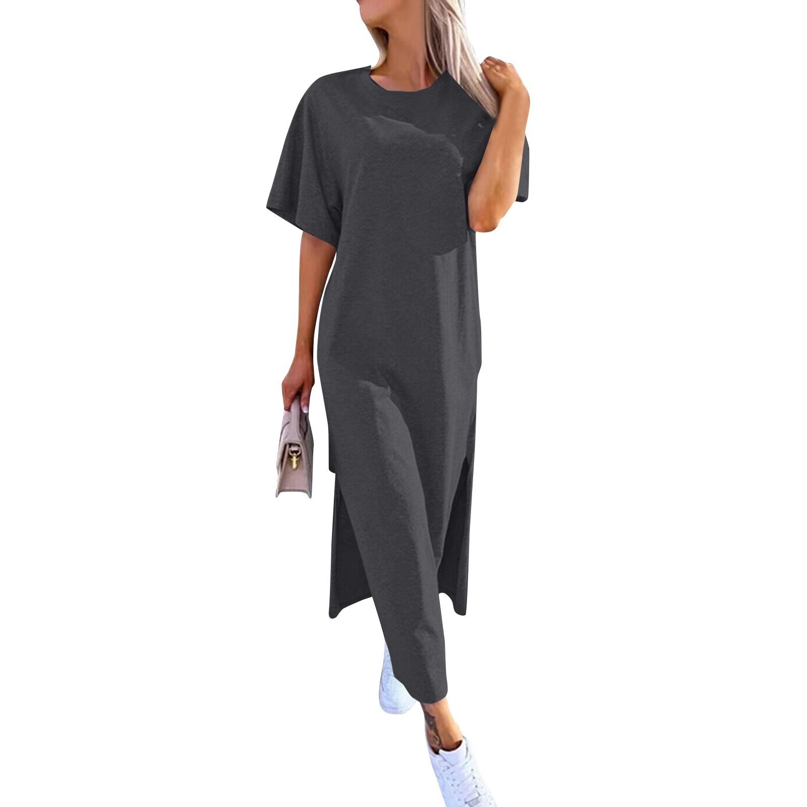 

Women s Solid Color Short Sleeved Round Neck Hem Slit Dress L