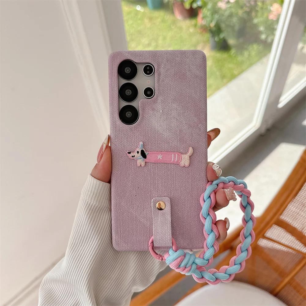 Wrist Strap Weave Cartoon Shockproof Phone Case for Samsung S25 S24 S23 Ultra Galaxy S25 S24 S23 Cowboy Leather Protective Cover