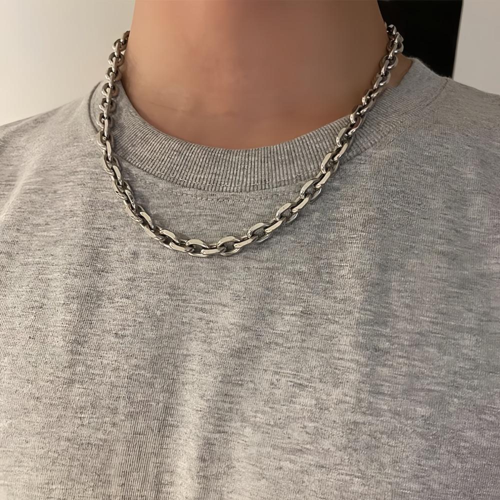 Men Retro Silver Color Stainless Steel Necklace Hip Hop Thick O Chain Jewelry Rock Simple Outfit Necklace Accessories Gift