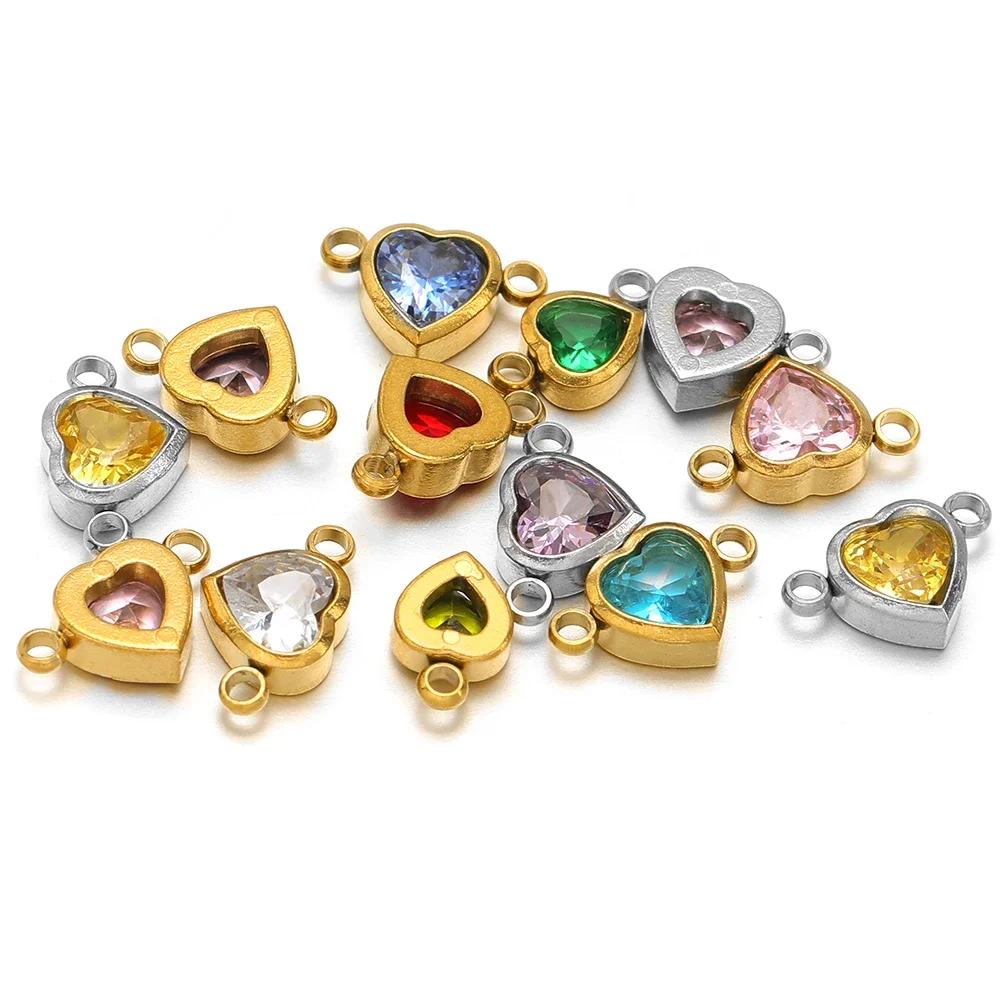 10 stuks Roestvrij Staal 12 Maanden Geboortesteen Hart Zirconia Bedeltjes Connector DIY Sieraden Onderdelen Ketting Armbanden Oorbellen Maken