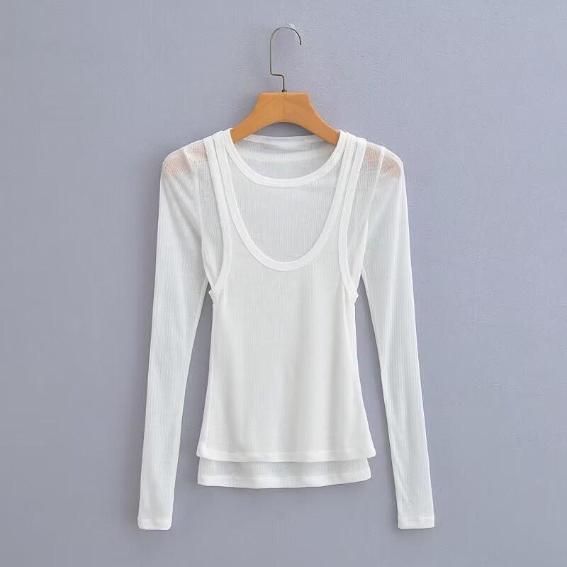 

Женская многослойная футболка с длинным рукавом, облегающего кроя, полупрозрачная, с эффектом двух предметов, с круглым вырезом, весна 2025 Small белый