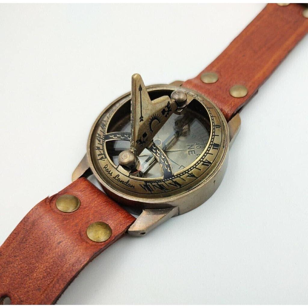 Sundial Compass Wrist Band for Navigational Tool - Real Leather Band Watch - Hiking and Survival Instrument - Antique Compas