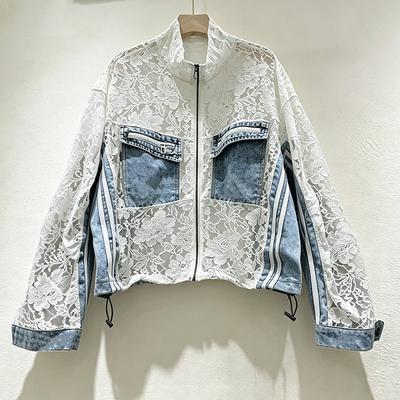 Womens 2026 Lace Splicing Denim Jacket Hollow Out Loose Fit Street Style