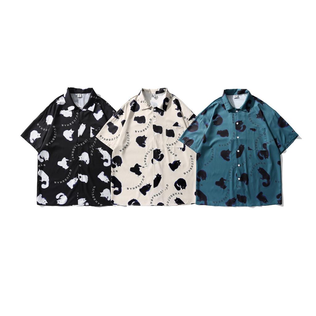 Men's Hip Hop Retro Cat Print Short Sleeve Shirt