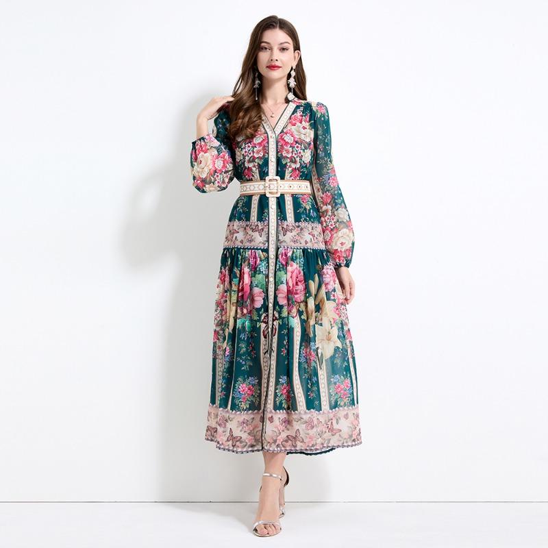 Summer Autumn Women V-neck Vintage Print Chiffon Runway Dress Single Breasted Long Maxi Oversize Vacation Beach Dresses with Belt