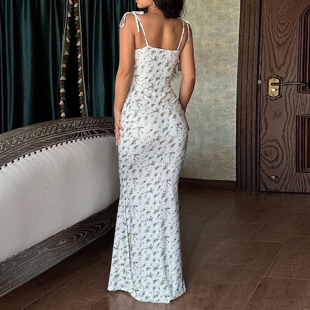 2025 Spring/Summer Women's Floral Square Neck Spaghetti Strap Long Dress - Slim Fit, Sweet & Elegant.