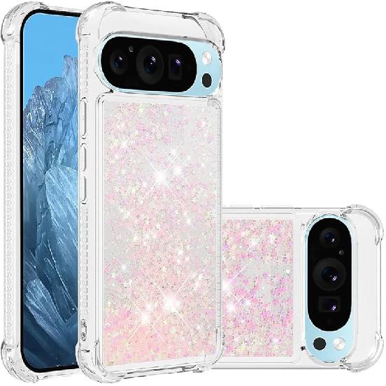 Case for Google Pixel 9/Google Pixel 9 Pro, Glitter TPU Cover Clear Flowing Quicksand with Anti-Fall Bumper Corner Shockproof Girly Case for Google