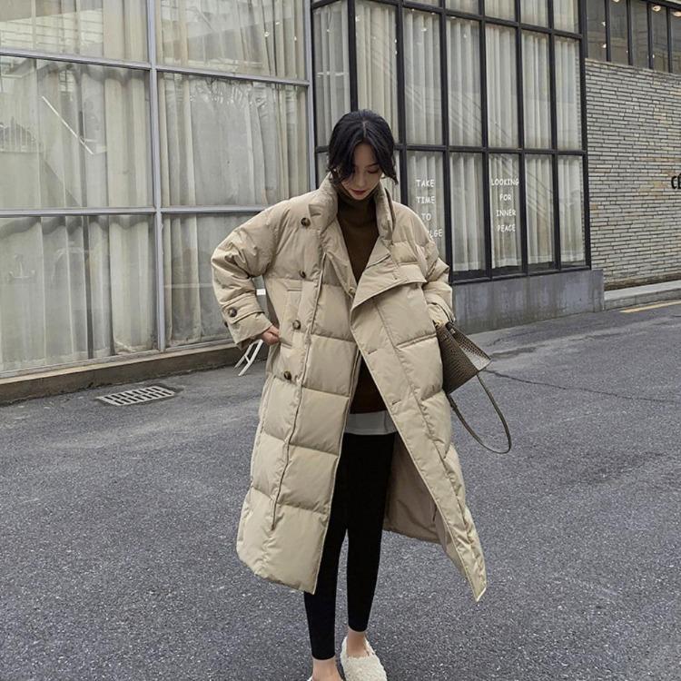Winter Women Korean Puffer Jacket Stand Collar Windproof Coats Long Parka Thickened Warmer Buttons Big Pockets Cotton Jacket
