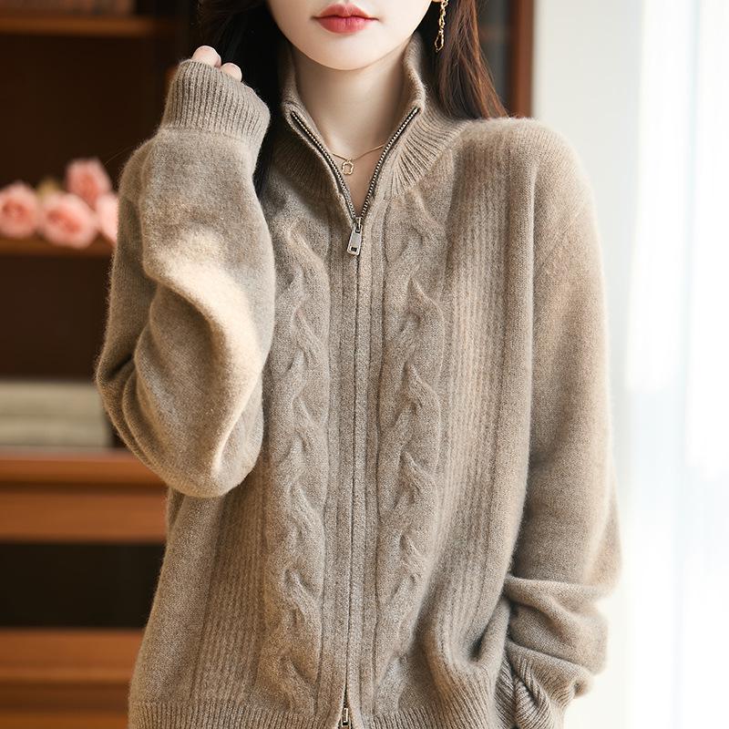 Thick Cable Knit 100% Pure Wool Zipper Cardigan with Stand Collar – Korean Style for Autumn & Winter