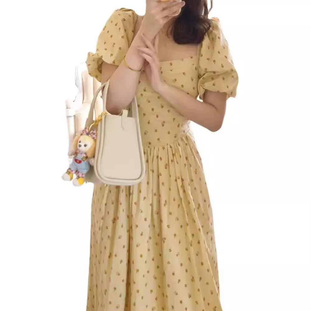 Summer New Style Tea Break French-Style Gentle Long Dress with a High-End Feel, Waist-Cinching Puff Sleeves, Yellow Floral Dress for Women