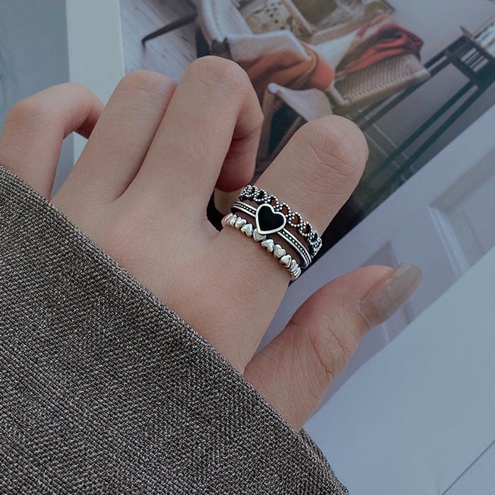Korean Style Black Agate Heart Ring - Women s Retro Artistic Multi-layer Adjustable Index Finger Ring Open Adjustable jz8451