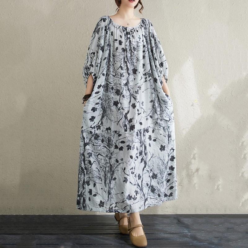 Krátký rukáv Velké bavlněné vintage květinové nové šaty pro ženy ležérní volné dlouhé letní šaty