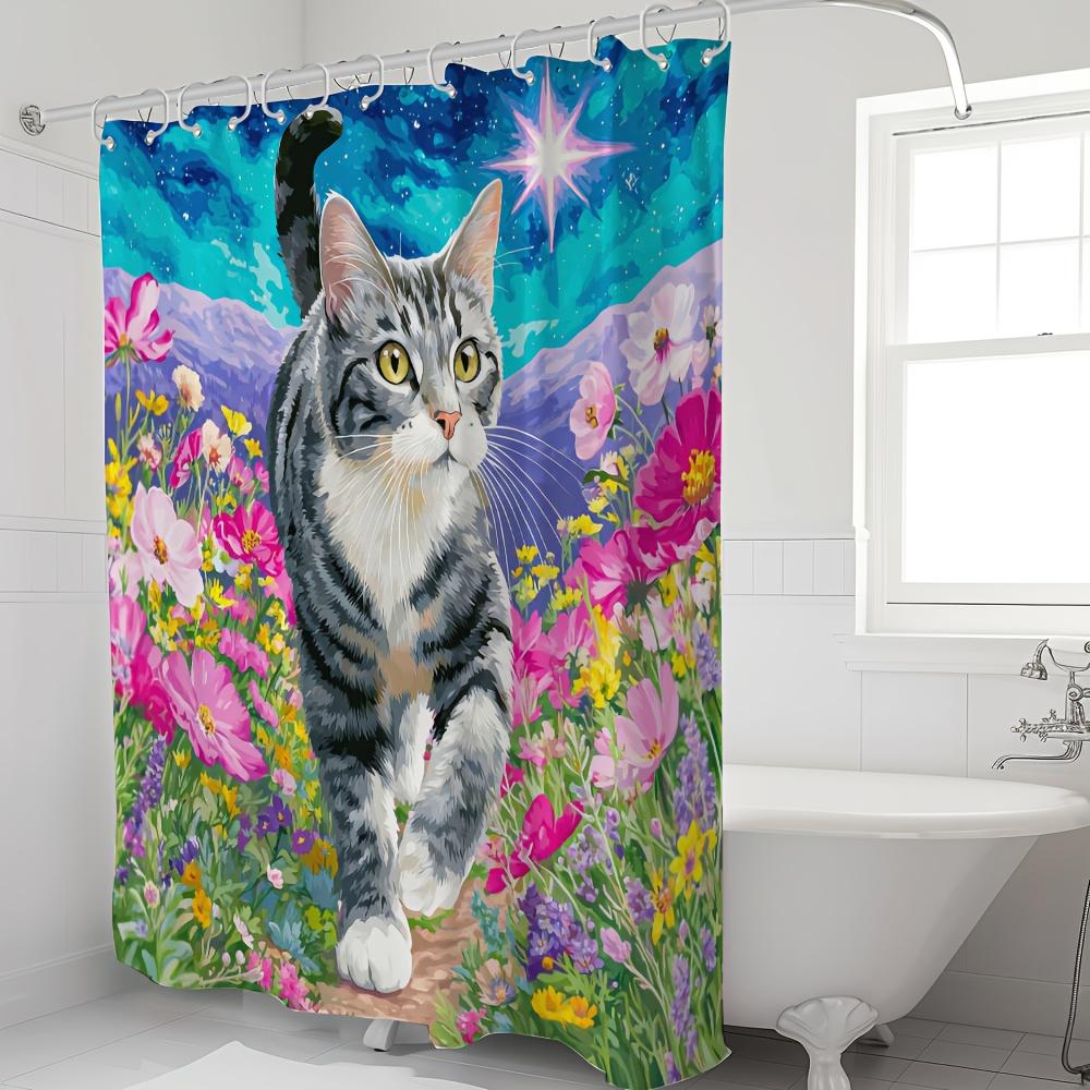 

Whimsical Cat Shower Curtain - Floral Garden & Starry Sky, Fantasy Nature Art For Cozy Home Bathroom Decor W60H190(CM)-1 Pcs