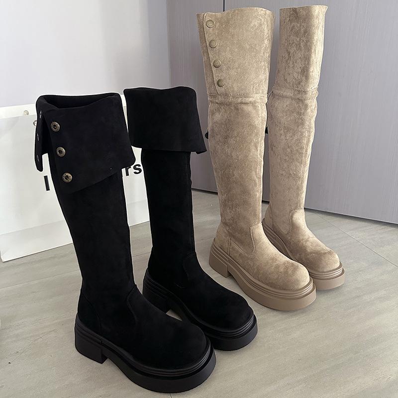 Klapp-Wildleder-Kniehohe Stiefel Hoher Absatz Herbst und Winter 2025 Neue Dicksohlige Kleine Stiefel Damen Maillard