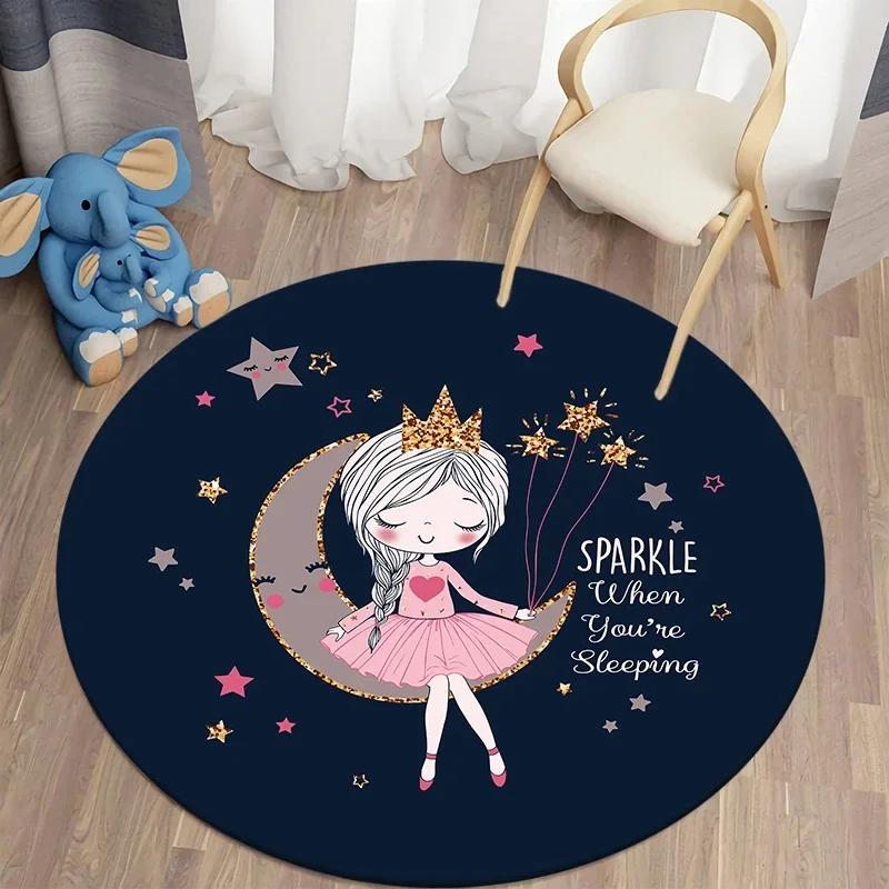 Cartoon Ballet Girl Round Carpet Moon Princess Print Rug For Children's Room Sofa Living Room Balcony Corridor Decor Floor Mat