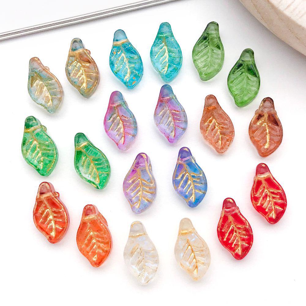 Set of 20 Colorful Transparent Glass Leaf Charms with Gold Edging for DIY Bracelets, Necklaces, and Accessories