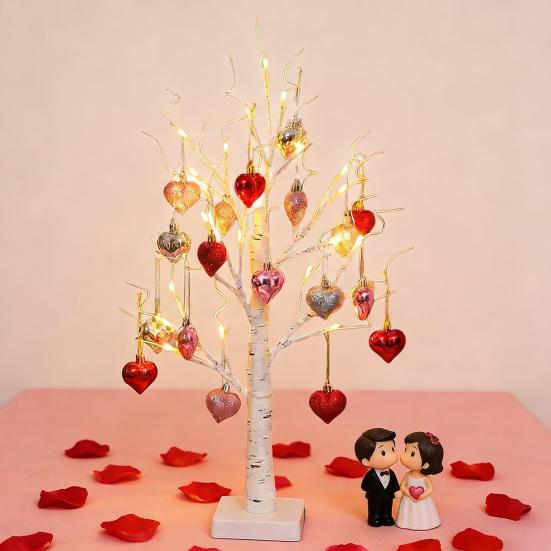 25" Valentine's Day LED Lighted Birch Tree 24 LEDs Artificial Tree Light with Heart Ornaments Romantic Tabletop Decoration for Home Indoor Table Decor
