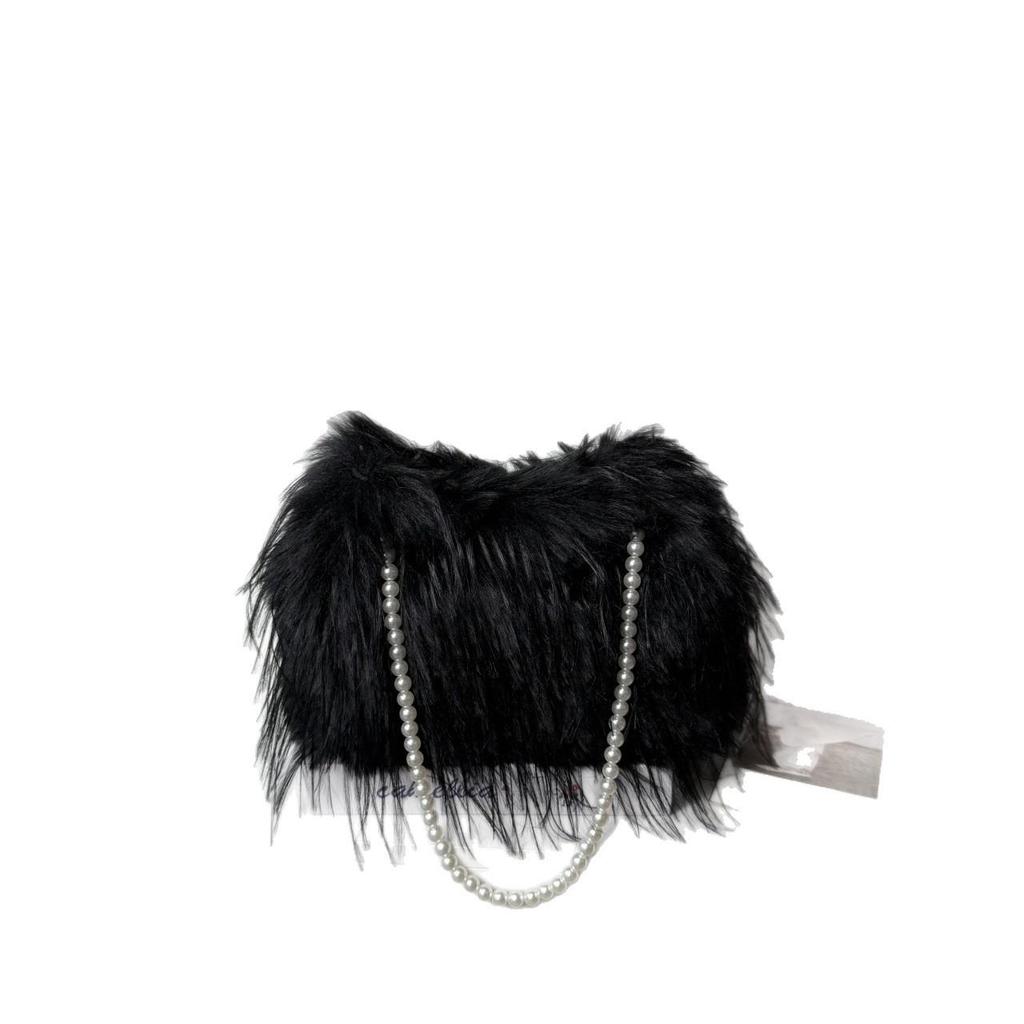 Luksusowa damska pluszowa torebka crossbody z łańcuszkiem z pereł na jesień/zimę