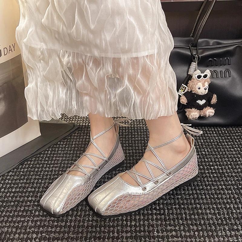 Women's Mary Jane Shoes Square Toe Cross-tied Shallow Mouth Shoes Women Dress Mesh Breathable 2025 Zapatillas De Mujer
