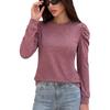 Women Loose Round Neck Pleated Puff Long Sleeve Solid Color T Shirt Top