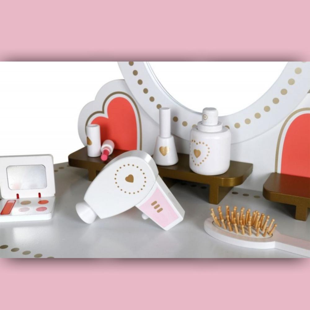 Wooden girl's dressing table, mirror, accessories, white, elegant, neutral