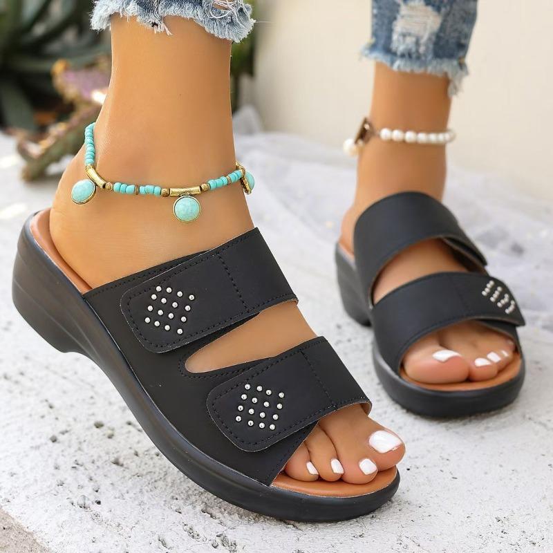 Women's Wide Width Peep-Toe Crystal Slides - Korean Style Hook & Loop Sandals for Spring/Summer, Fashion Adjustable Mules