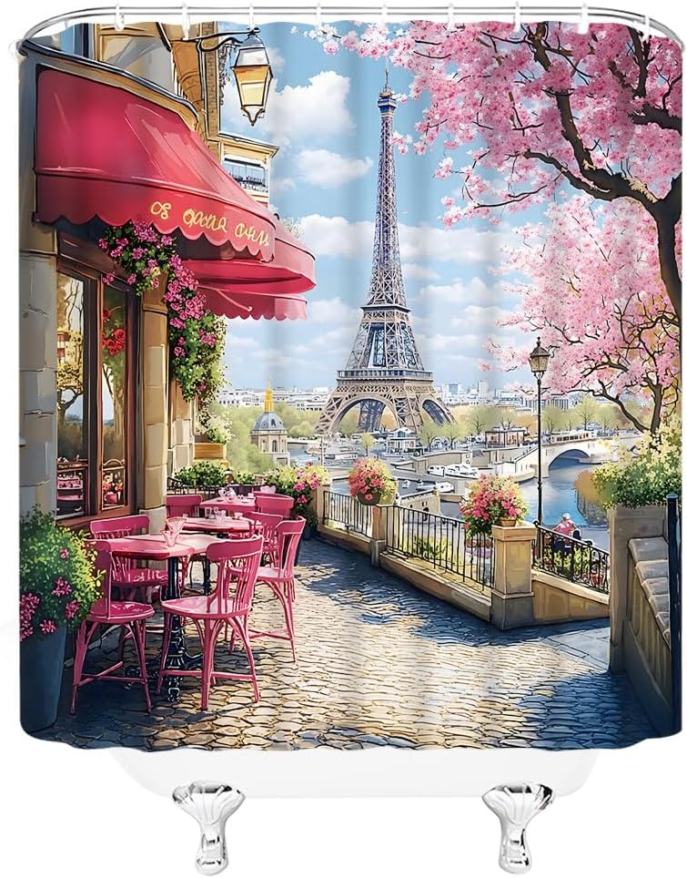 Paris European Shower Curtain Ancient Architecture Eiffel Tower French Romantic Cafe Nature Spring Floral Street Town City