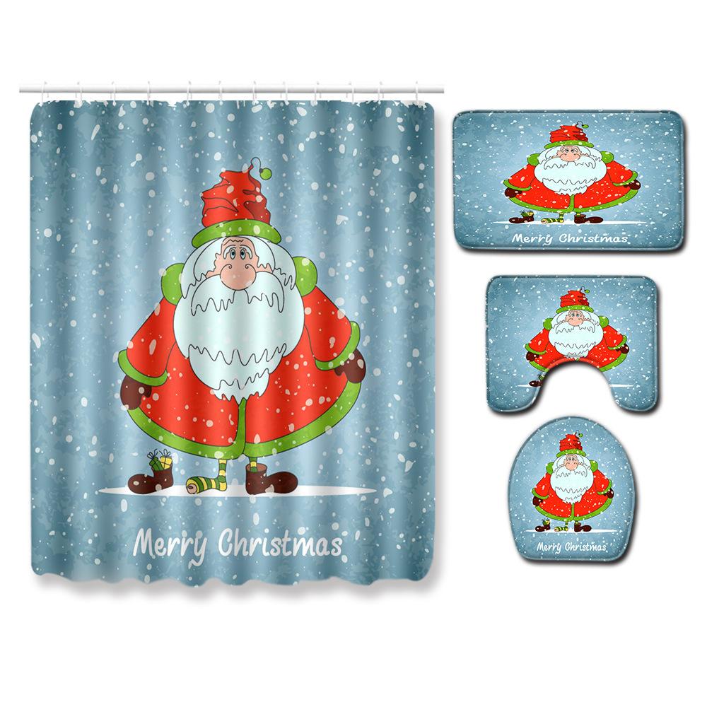 Christmas Shower Curtain Floor Mat Combination Four-Piece Set Bathroom Toilet Carpet Shower Room Mat Foot Mat