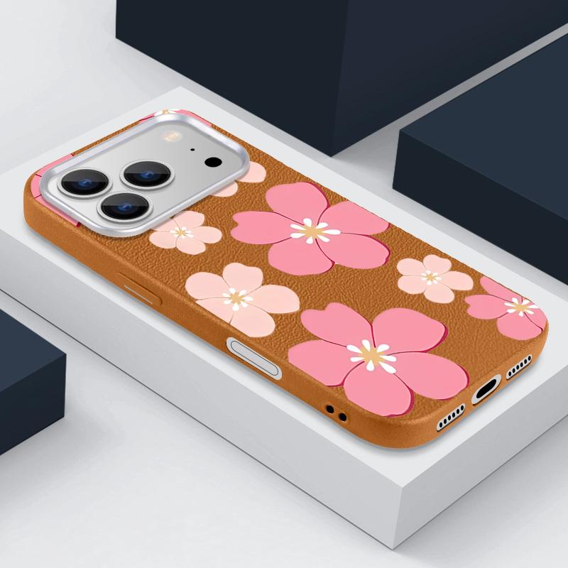 For iPhone 17 Pro Max Case Fresh Style Cherry Blossom Pattern Leather Texture Soft Silicone Cover For iPhone 16 15 14 13 Pro 12 11 16E Air