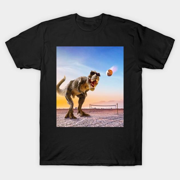 Men Black Print T-shirt Funny T-Rex Dinosaur Playing Volleyball No-Cut Transfer Paper Print Cotton Tshirt M