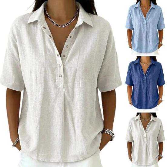 Women Shirt Lapel Buttons Half Placket Short Sleeve Shirt Tops Pure Color Loose Fit Casual Blouse Vacation Date Casual Wear