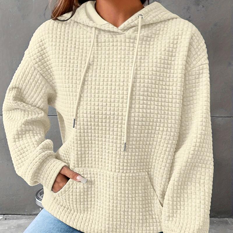 Büyük Beden Günlük Sweatshirt, Kadın Büyük Beden Düz Waffle Desen Uzun Kollu Cepli Bağcıklı Kapüşonlu Sweatshirt