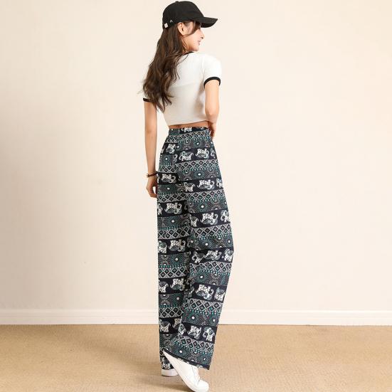 Women Casual Pants Wide Leg Elephant Print Elastic Waist Adjustable Drawstring Loose Fit Trousers Travel Work Daily Wear