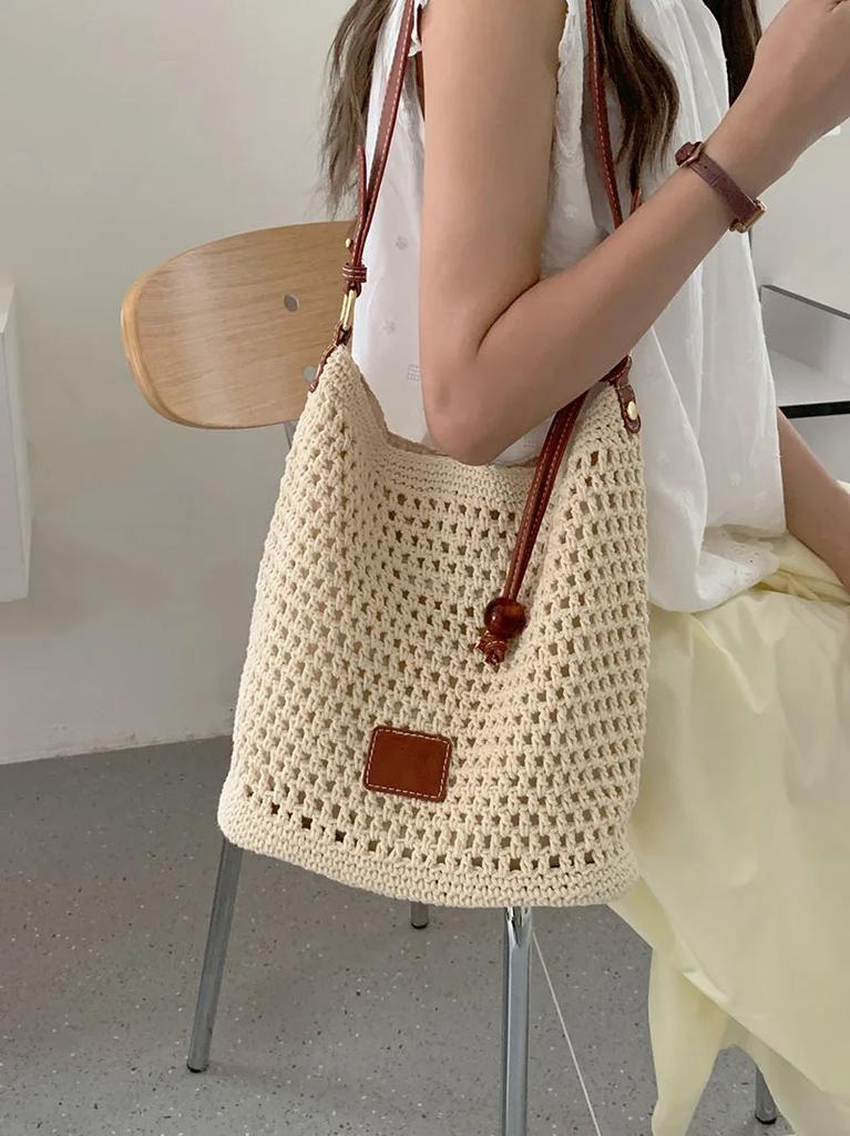Knitted Hollow Out Women's Bucket Shoulder Bag Large Capacity Female Beach Crossbody Bags Seaside Travel Ladies Tote Handbags