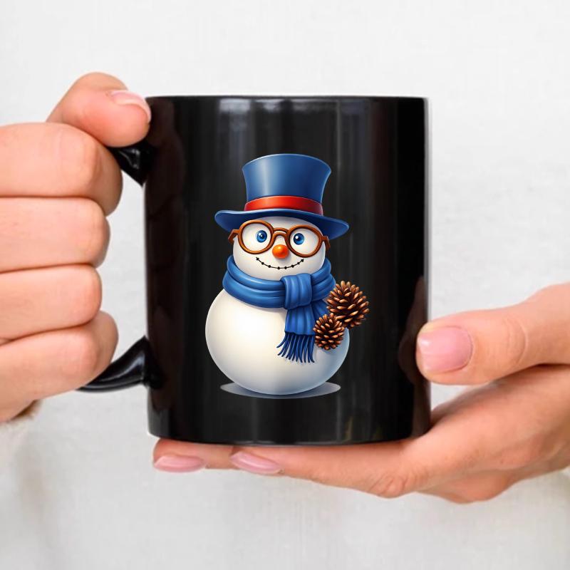 Ceramic mug black snowman hooded scarf pine cone coffee tea winter holiday gift чёрный