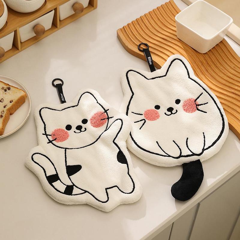 1Pcs Cute Cat Coral Fleece Hanging Towel Kitchen Hand Towel Bathroom Soft Absorbent Handkerchief Wipe Towel Cartoon Kids Towels