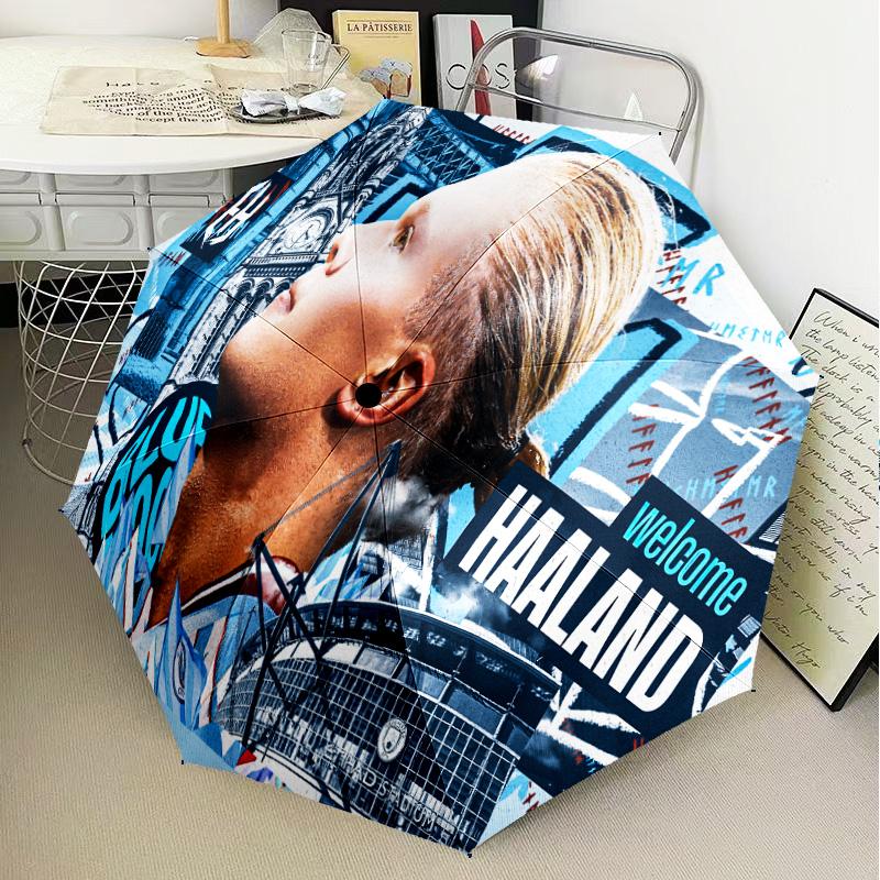 Haaland Player Pose Automatic Folding Umbrella - 8-Rib Travel Umbrella with Auto Open/Close & Portable Gifts for Holidays or Birthdays