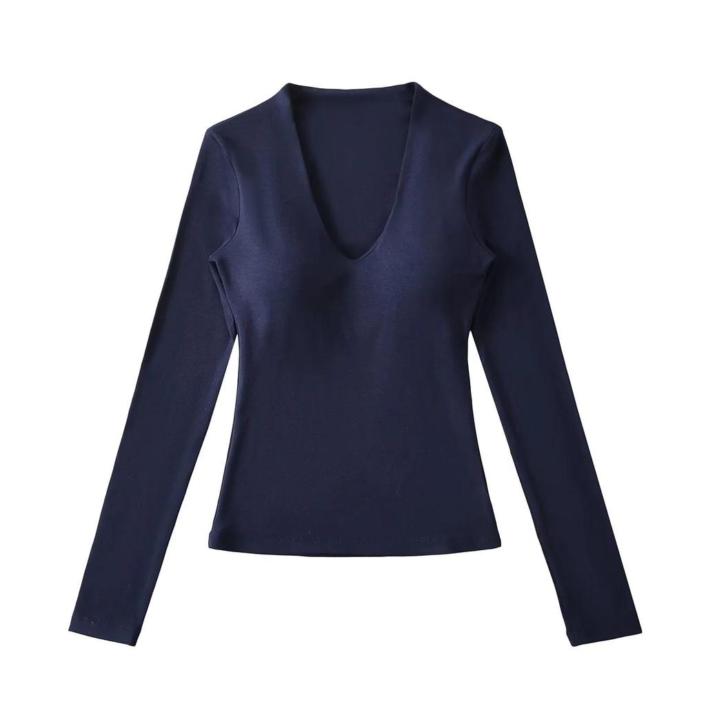 Women's V-Neck Long-Sleeve Base Layer Top with Chest Pads – Slimming, Sexy, and High-end Design for Autumn and Winter