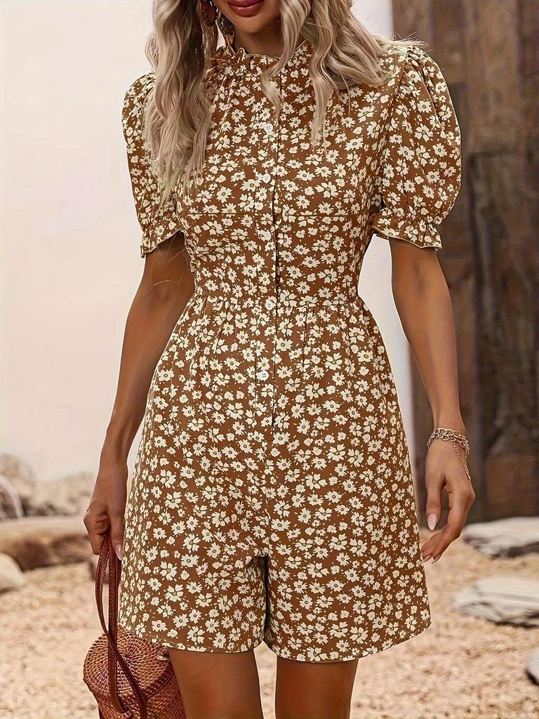 Temu Women's Daisy Print Puff Sleeve Jumpsuit - Fashionable Holiday Wear