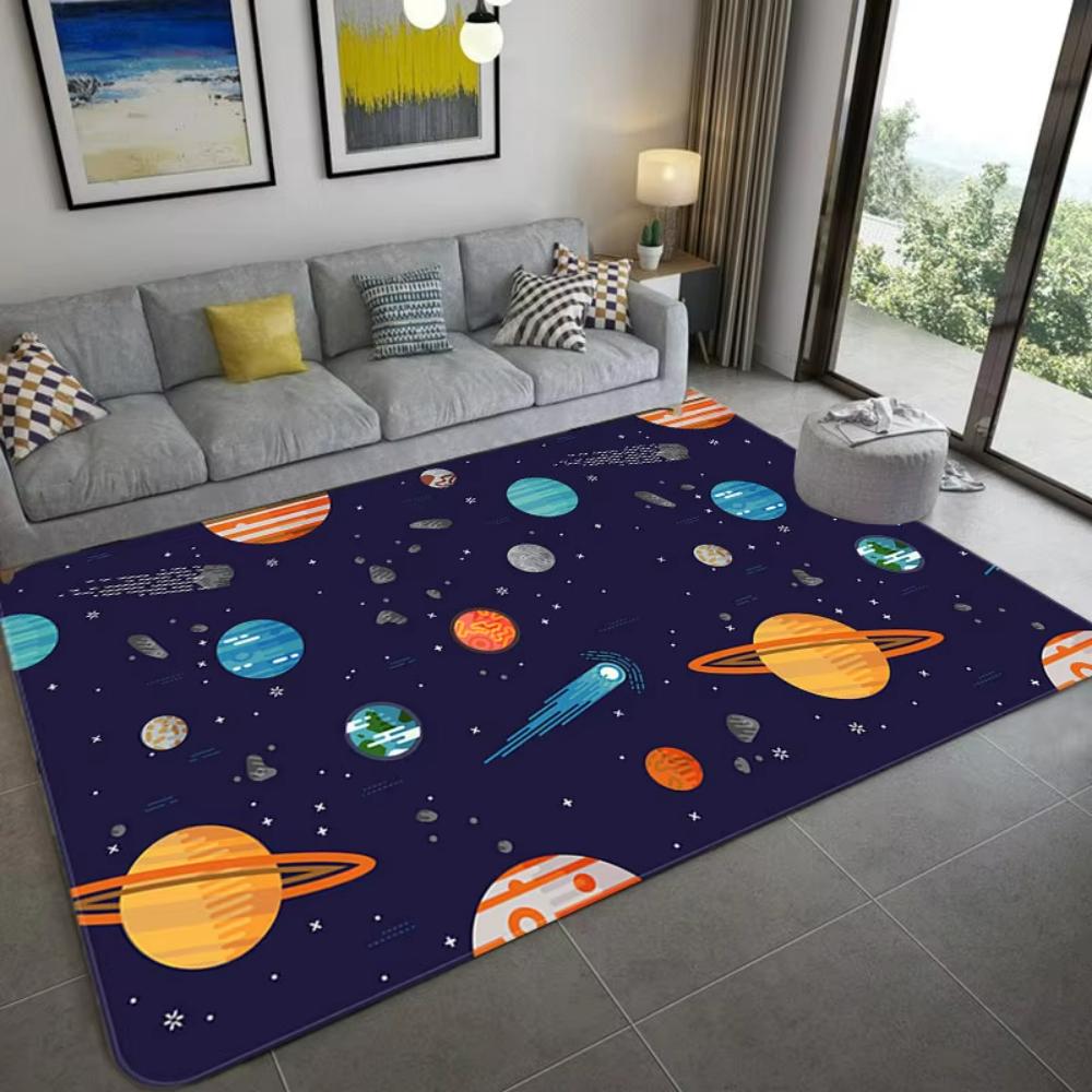 Cartoon Universe Design Childrens Rug Interactive Play Mat for Bedroom Living Room Planet Themed Soft Floor Carpet Decor Gift