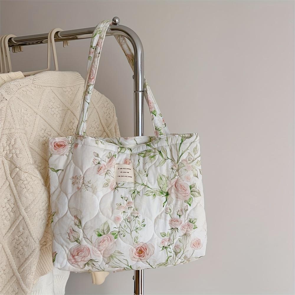 Large Capacity Floral Canvas Tote Bag Foldable Shoulder Bag with Fixed Straps, Canvas Lining, No-Closure Design, Machine Washable