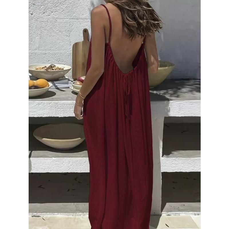 VEZFAA Women's Fashion Summer Spring Solid Color Print Sleeveless Suspenders Loose Waistline  Casual Dresses