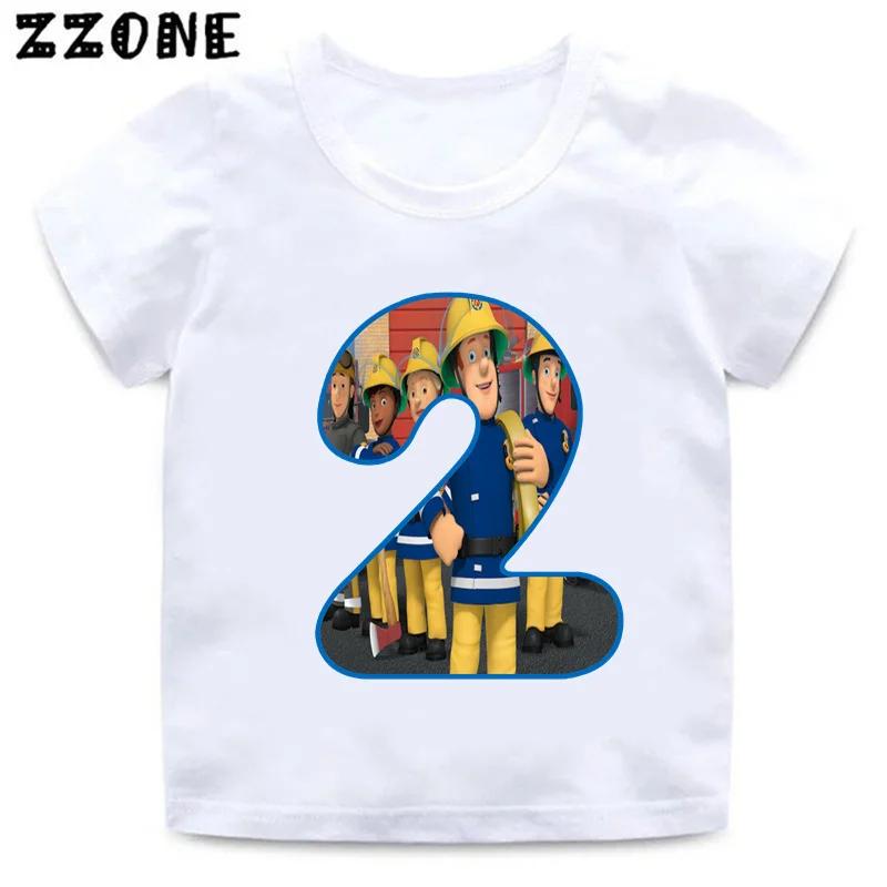 Fireman Sam Firefighter Print Cartoon Boys Clothes 1 2 3 4 5 6 7 8 9 Years Birthday Number Kids T shirt Cute Baby Girls TShirts