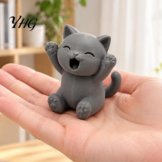 Exquisite Desktop Ornaments 3D Printed Cheering Cat Figurine, Cute Raised Paws Happy Figures for Tabletop Kitten Statue, Mini Ornament, Healing