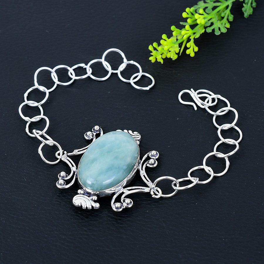 Natural Aquamarine Gemstone Handmade 925 Sterling Silver Bracelet 7-8" j4G31