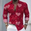 Camisa Masculina de Manga Longa com Estampa de Corações, Elegante e Bonita, Top Festivo Masculino com Lapela