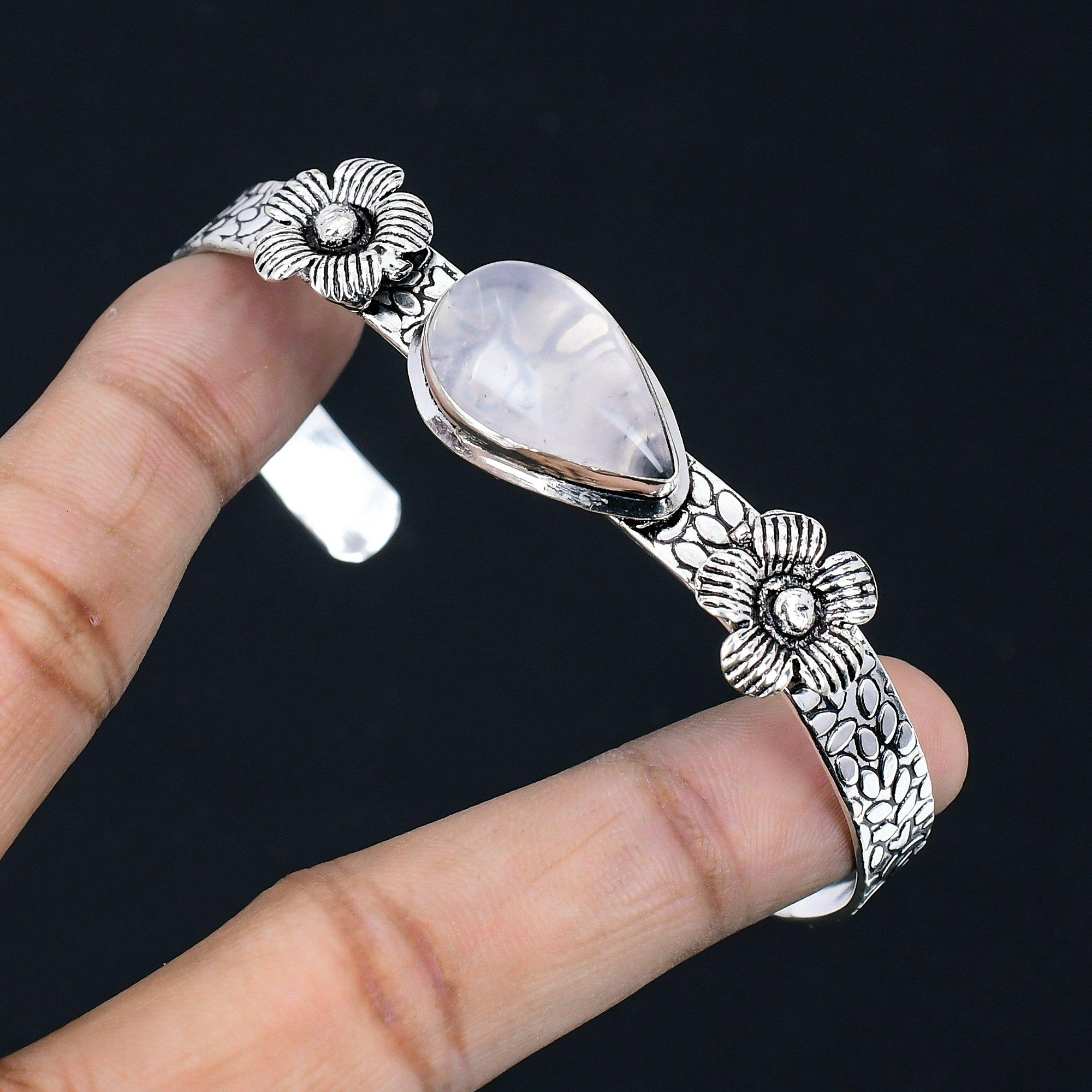 

Daughters Day Sale Pear Natural Rose Quartz Sterling Silver Boho Bangle Jewelry Adjustable