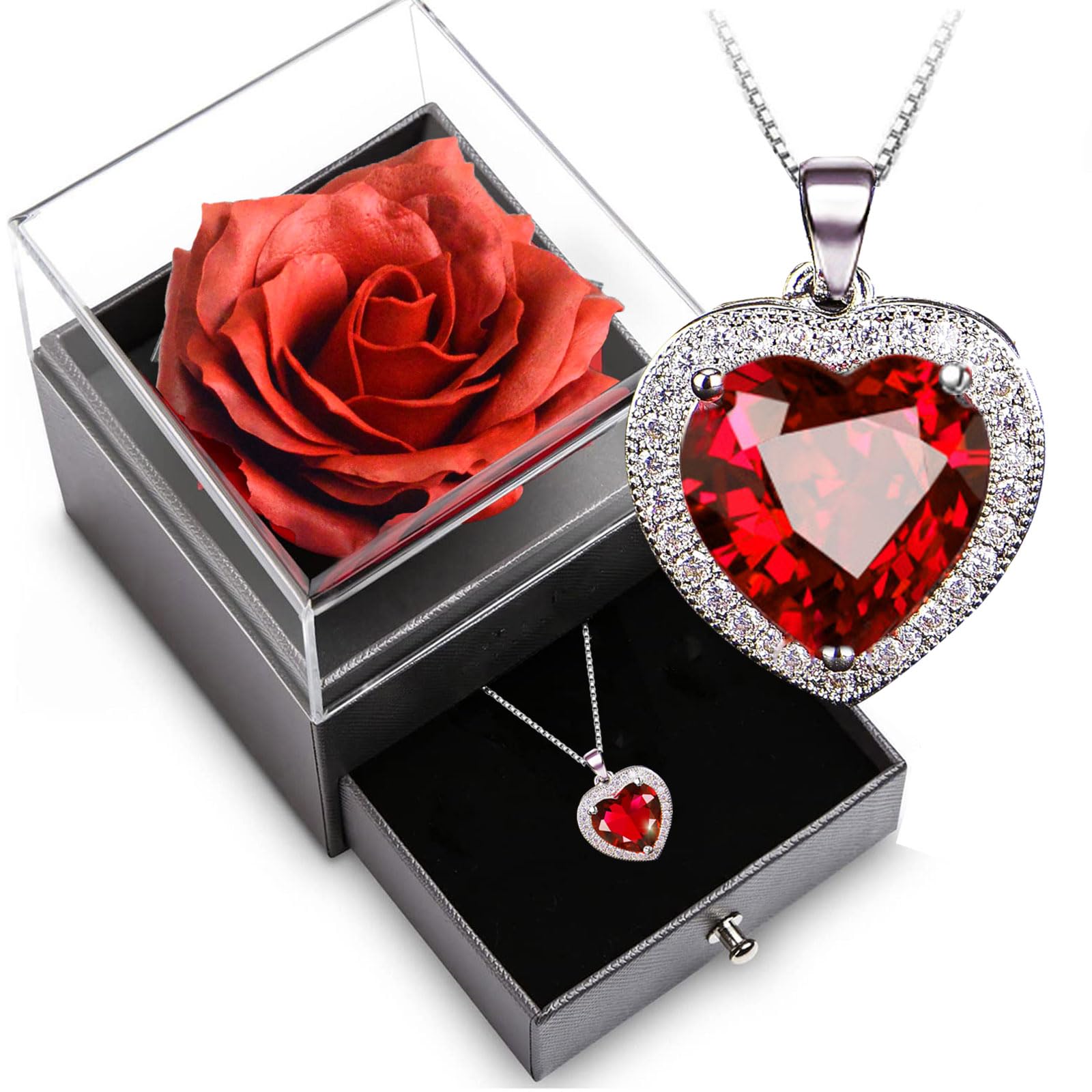 

Soap Flower Rose Red Crystal Necklace for Never Withering Dried Rose Message Card Gift for Wedding White Proposal Gift [Laluna] Women, Flower, Rose,