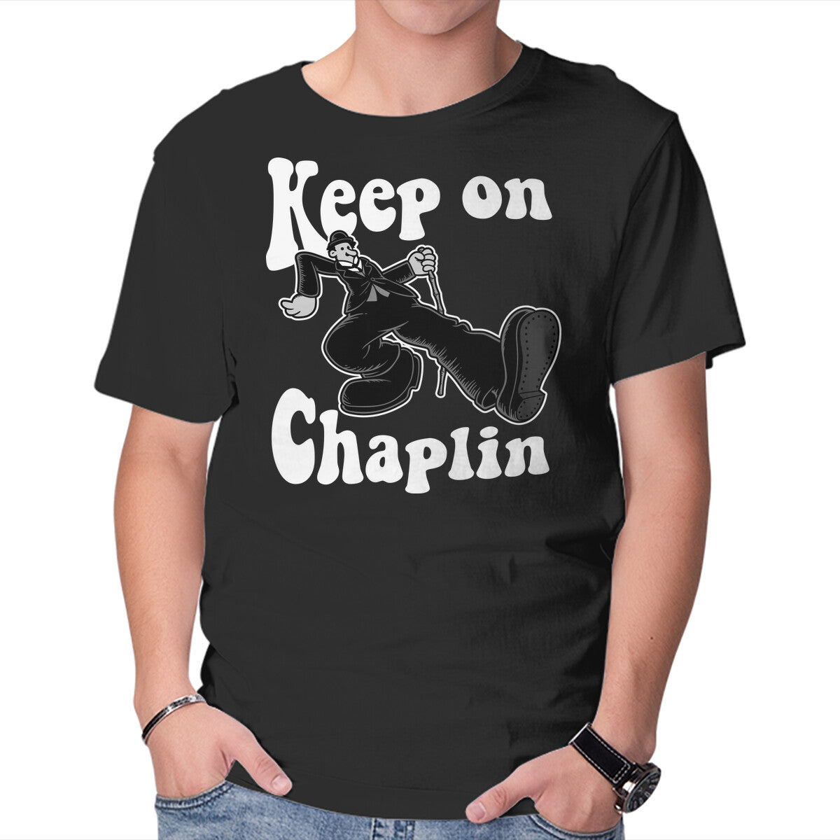 Unisex Crew Neck T-Shirt Keep On Chaplin Graphic Short Sleeve Casual Tee L