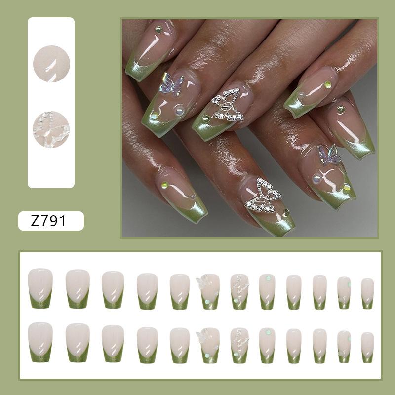 Simple flash Aurora French manicure European and American short ballet green diamond wearing nail finished fake nails